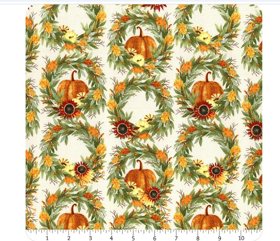 Happy Fall  Wreath Fabric - Beige - Beth Albert -  3 Wishes Fabric