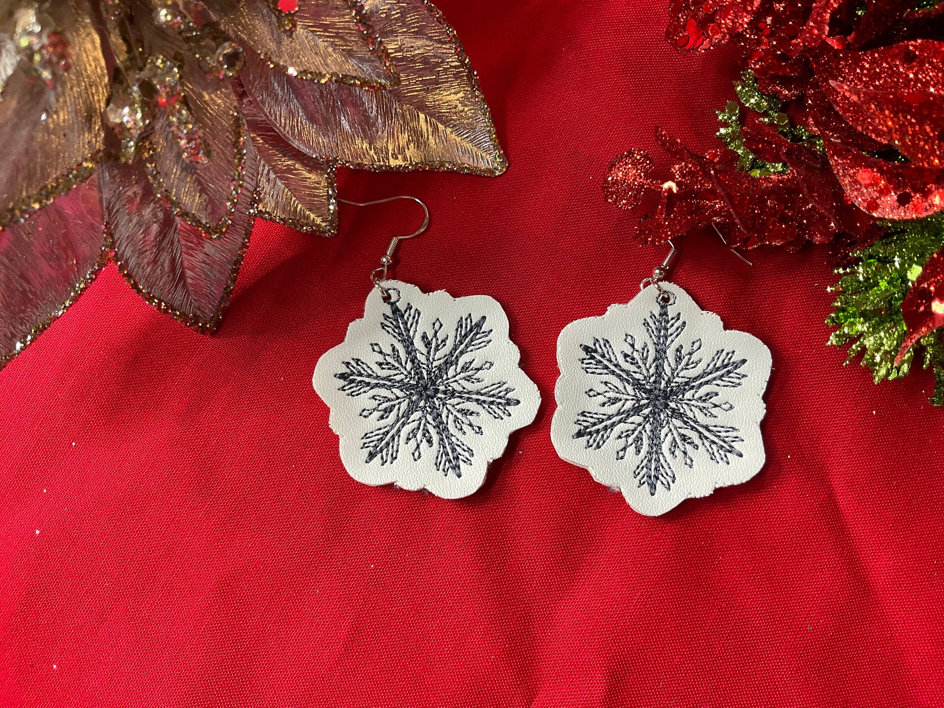 Christmas Faux Leather Embroidered Earrings - 6 different designs
