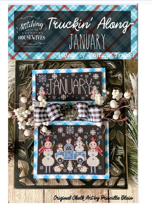 January Truckin Along Cross Stitch Pattern - Stitching with the Housewives -  Year of Vintage Trucks