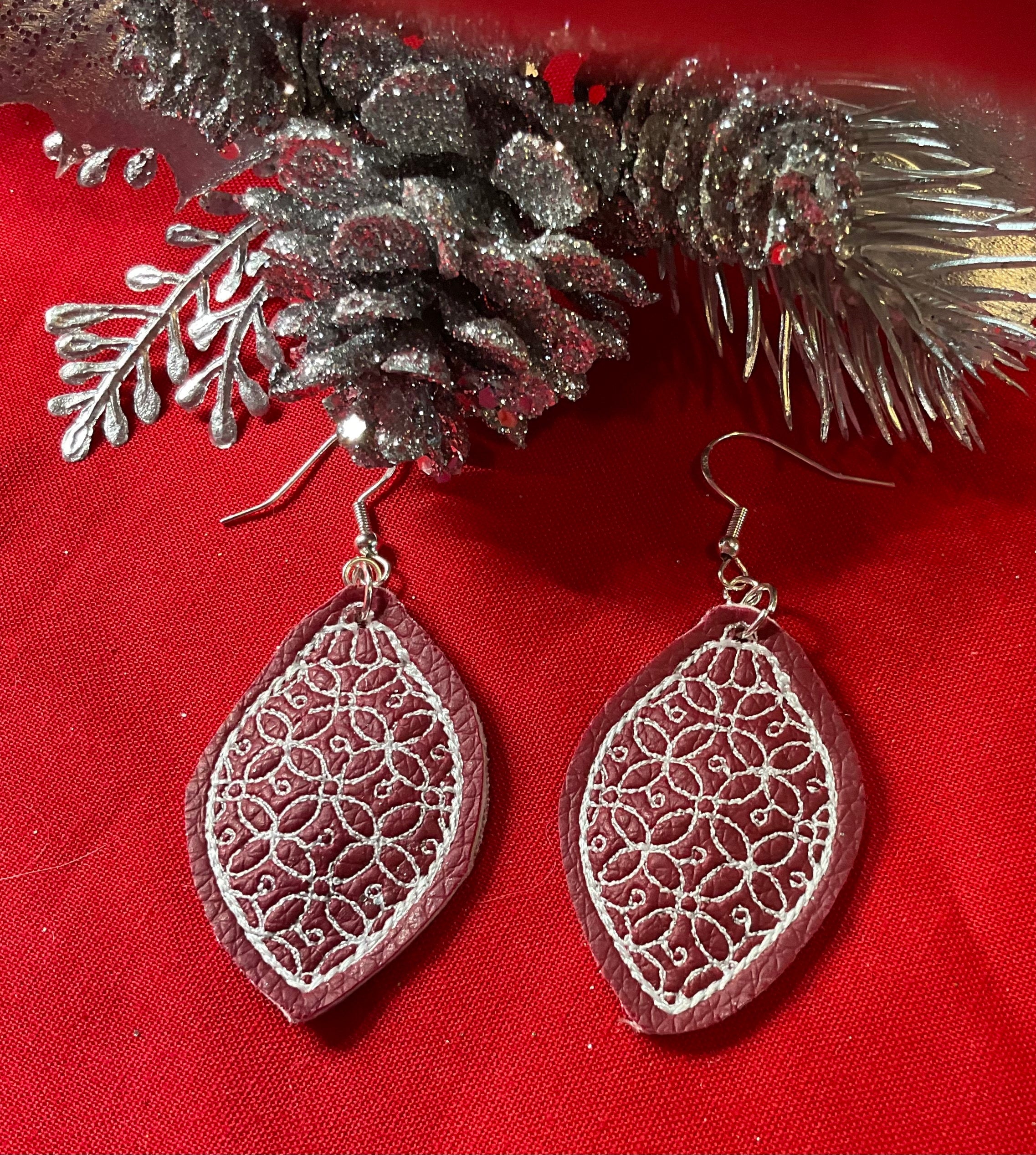 Christmas Faux Leather Embroidered Earrings - 6 different designs