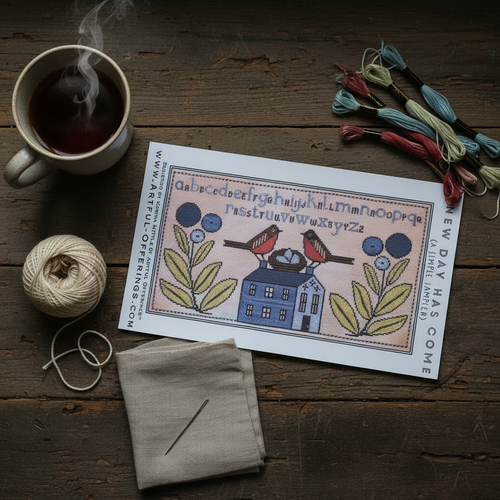A New Day Has Come Cross Stitch Pattern - folk art flat lay lifestyle image