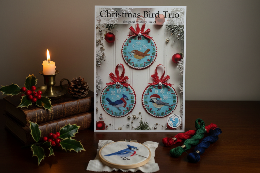 Christmas Bird Trio Cross Stitch Pattern - cozy holiday lifestyle image