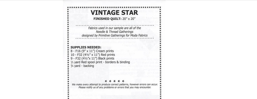Vintage Star Quilt Pattern - Primitive Gatherings