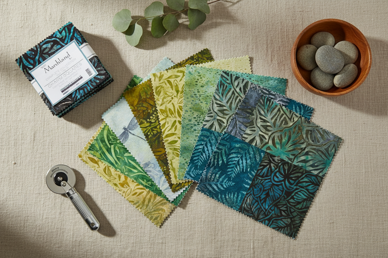 Marshland Artisan Batiks charm pack squares fanned out in a calm nature-inspired setting with botanical accents