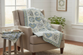 Happiness Sampler quilt lifestyle photo in blue-grey and sage green tones