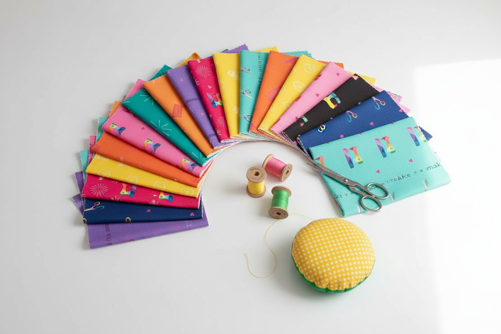Make charm pack fabric squares fanned out with colorful sewing notions in a bright modern setting
