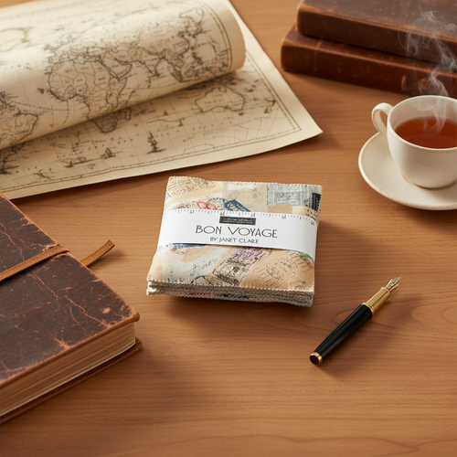 Bon Voyage Charm Pack lifestyle photo — travel inspired quilting setting