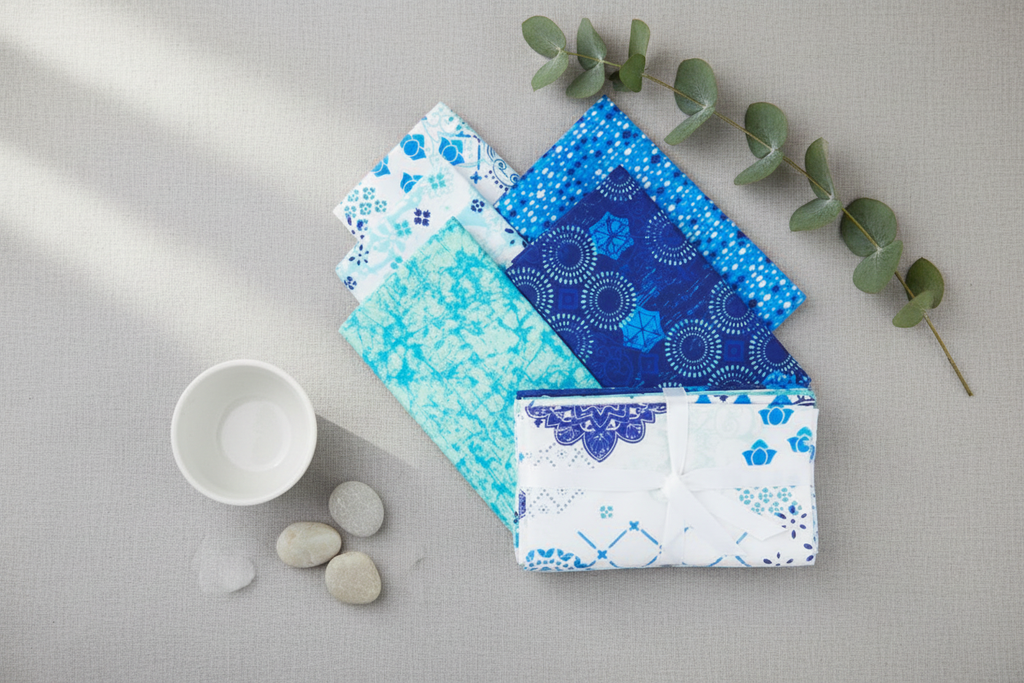 Siena Blue fat quarter bundle fanned out in a calm elegant setting with soft blue and aqua fabrics