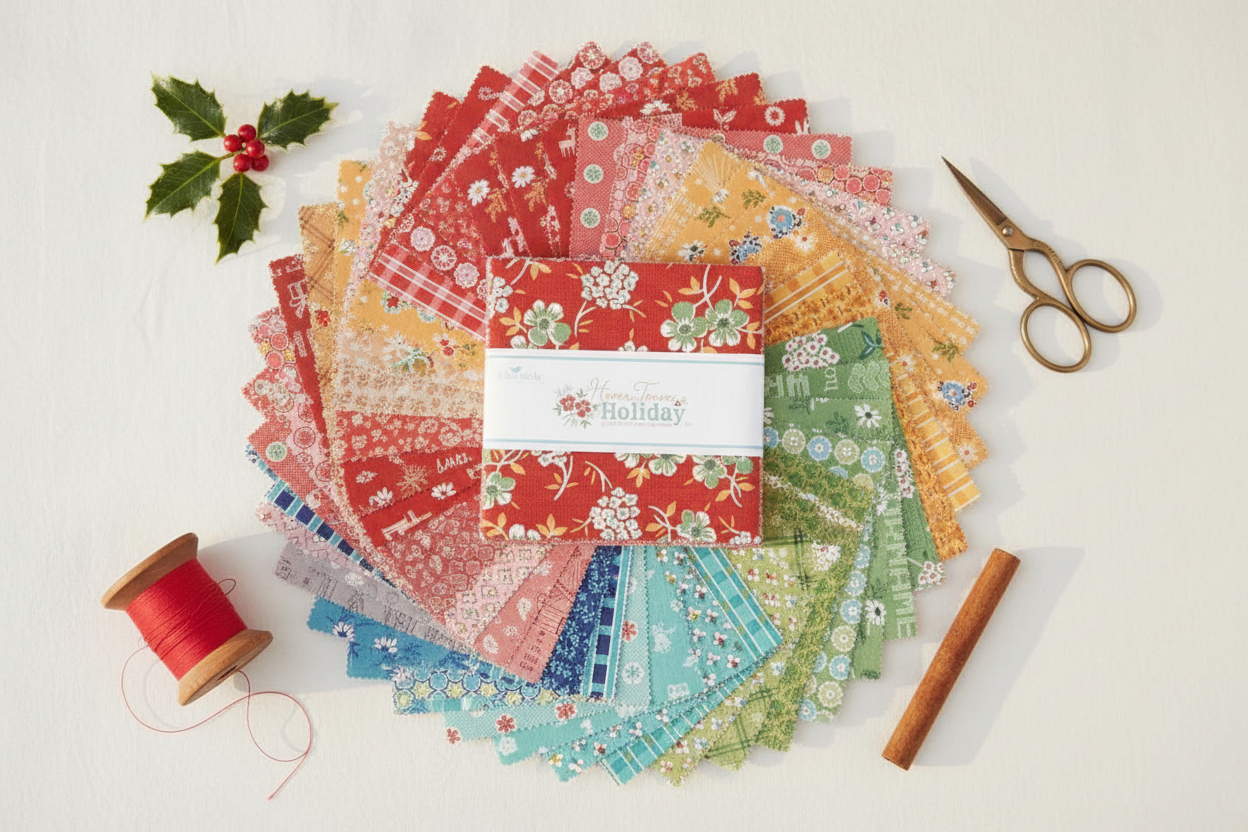 Home Town Holiday charm pack squares fanned out in a festive holiday setting with seasonal accents