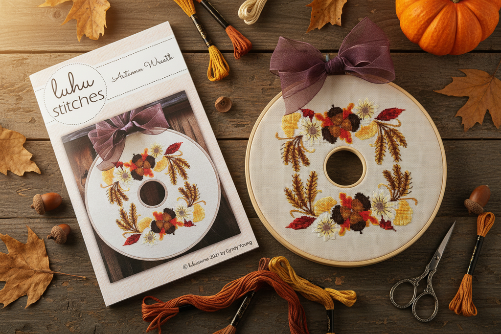 Autumn Wreath cross stitch pattern styled in a cozy fall setting with leaves, acorns, and floss skeins