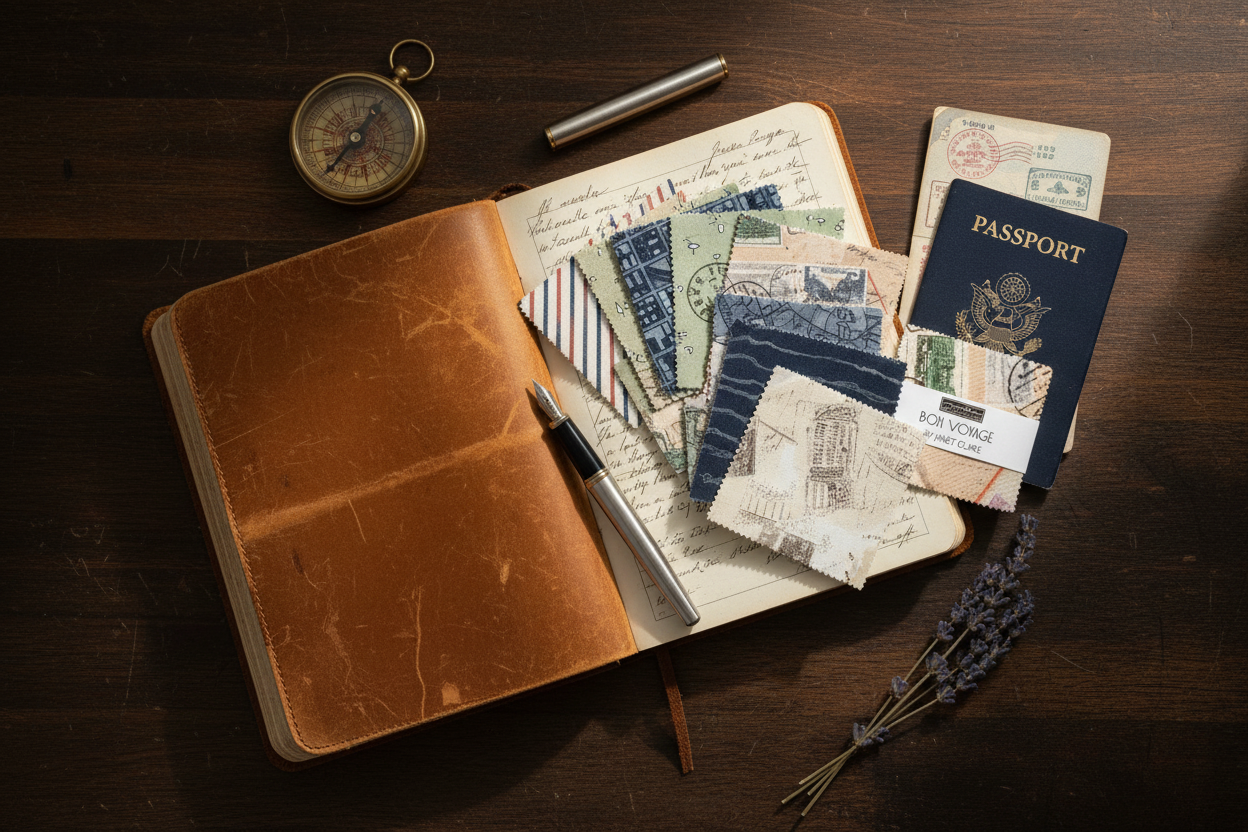 Bon Voyage mini charm pack squares styled with vintage travel accessories including compass and passport