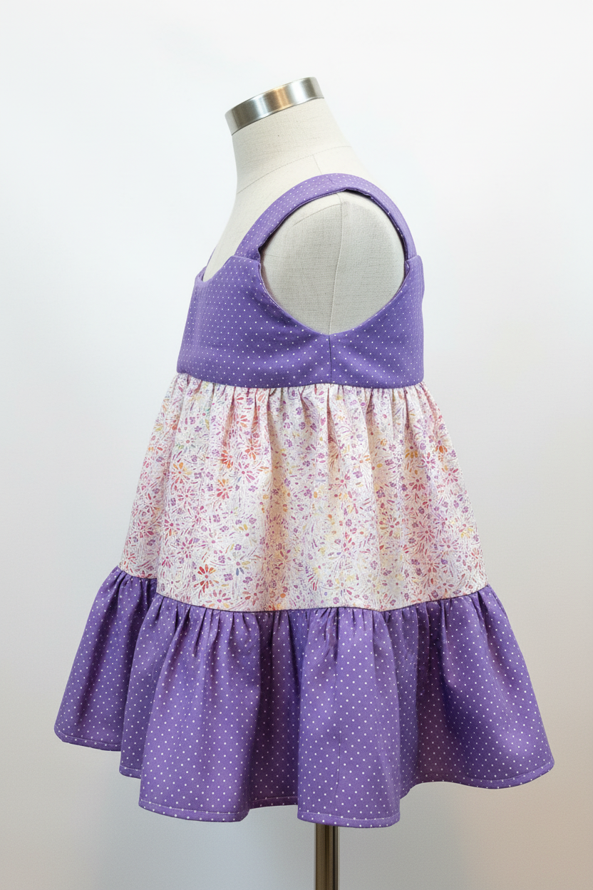 Side view of toddler purple polka dot tiered dress on a dress form with clean neutral background