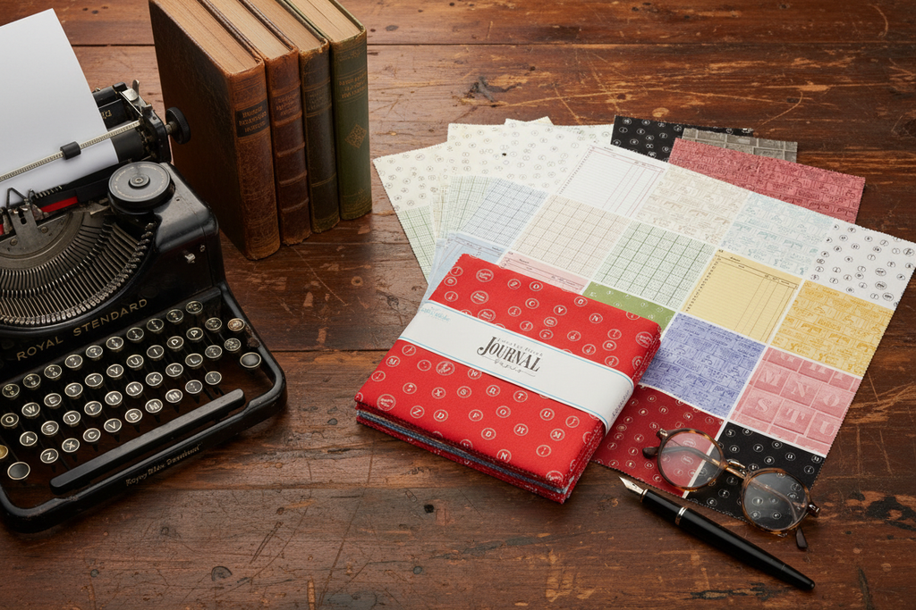 Journal Basics layer cake squares styled on a vintage desk with typewriter, books, and fountain pen
