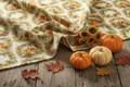 Happy Fall Wreath Fabric lifestyle photo — cozy autumn styling with pumpkins and sunflowers