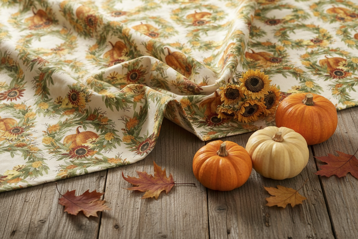 Happy Fall Wreath Fabric lifestyle photo — cozy autumn styling with pumpkins and sunflowers