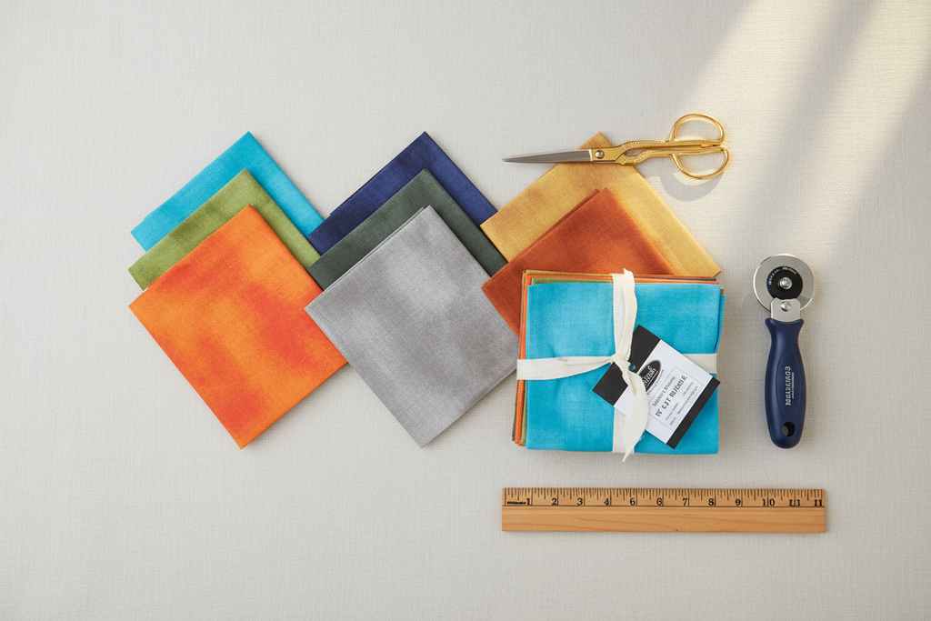 Nature's Bounty fat quarter bundle fanned out in earthy mottled tones with quilting tools
