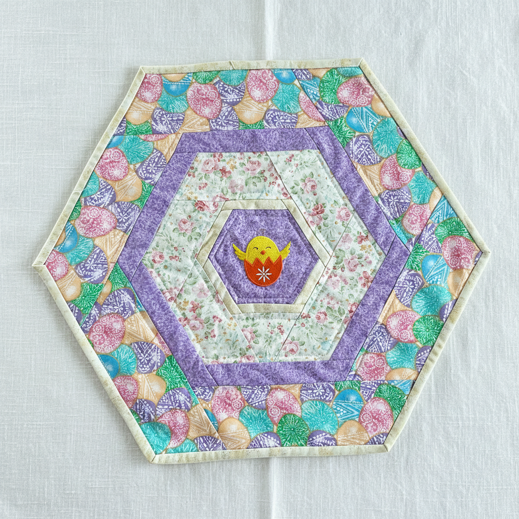 Eggcellent Hexagon Table Topper handmade by Jo — clean white background showing pastel Easter egg fabric and embroidered chick center