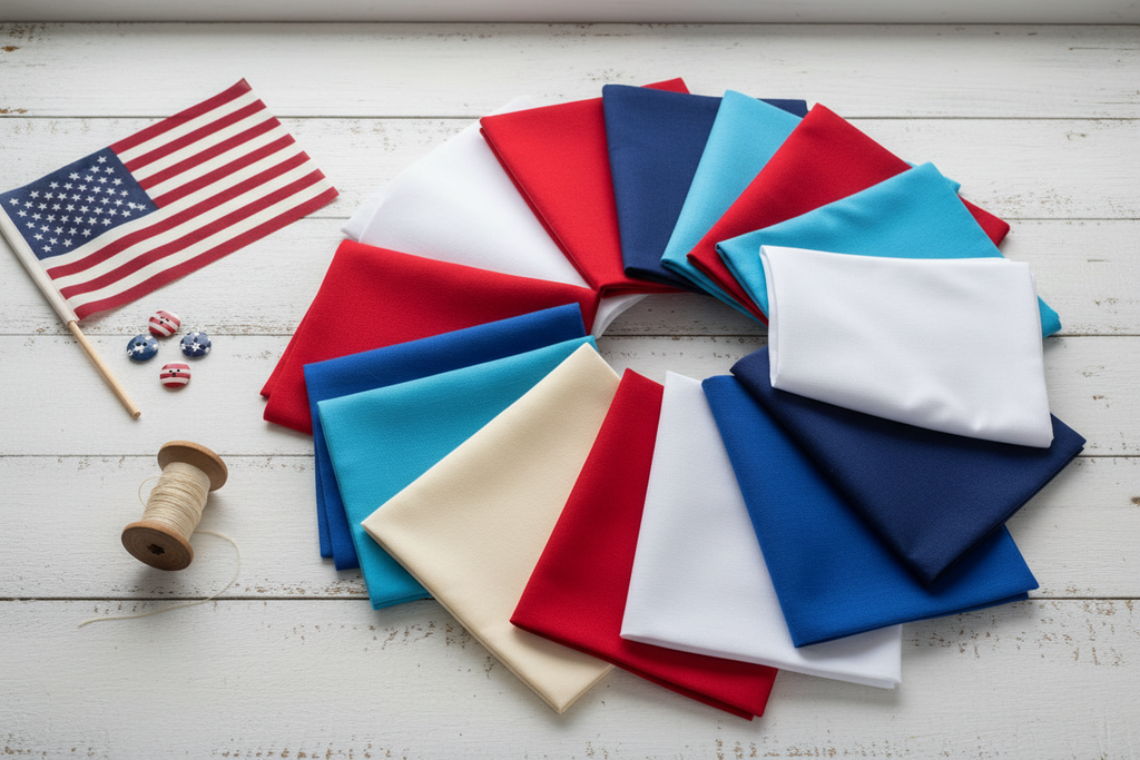 Honor Bella Solids Fat Quarter Bundle lifestyle photo — patriotic red, white, cream, and blue solid fat quarters styled with Americana accents