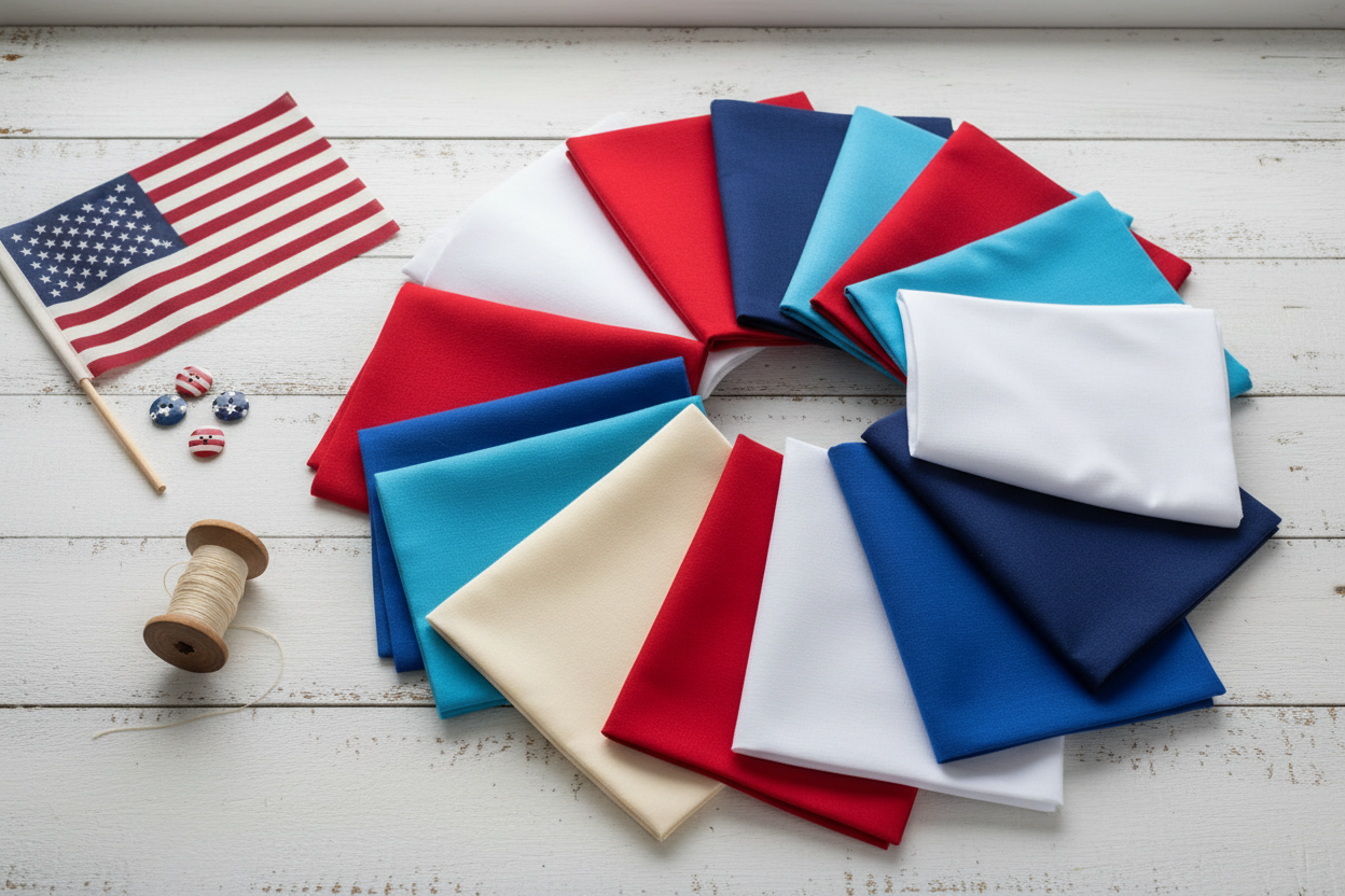 Honor Bella Solids Fat Quarter Bundle lifestyle photo — patriotic red, white, cream, and blue solid fat quarters styled with Americana accents