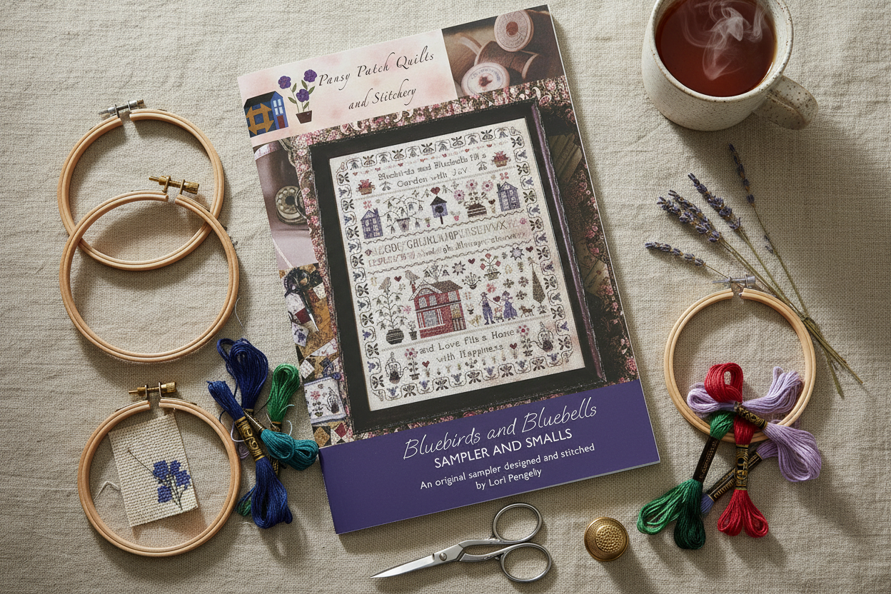 Bluebirds and Bluebells cross stitch pattern styled with embroidery hoops and colorful floss skeins