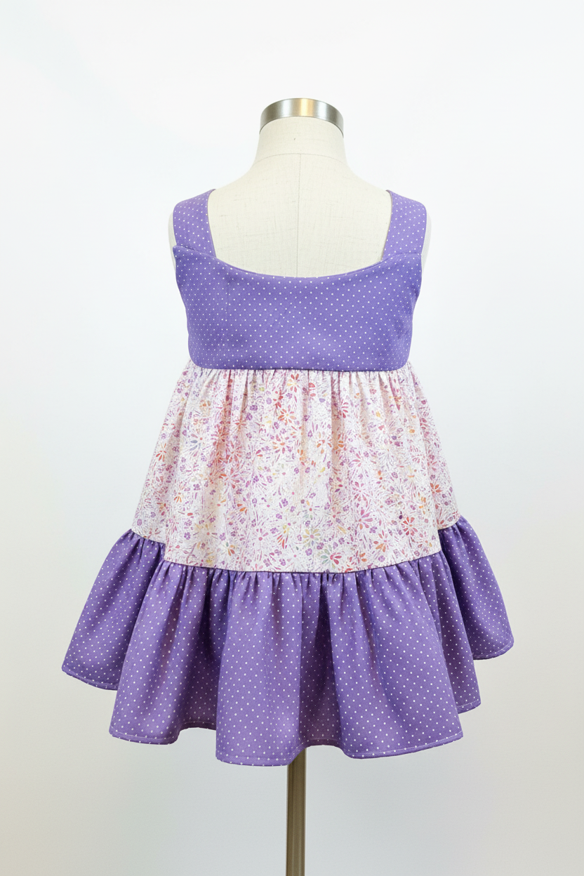 Back view of toddler purple polka dot tiered dress showing open halter neckline on a dress form with clean neutral background