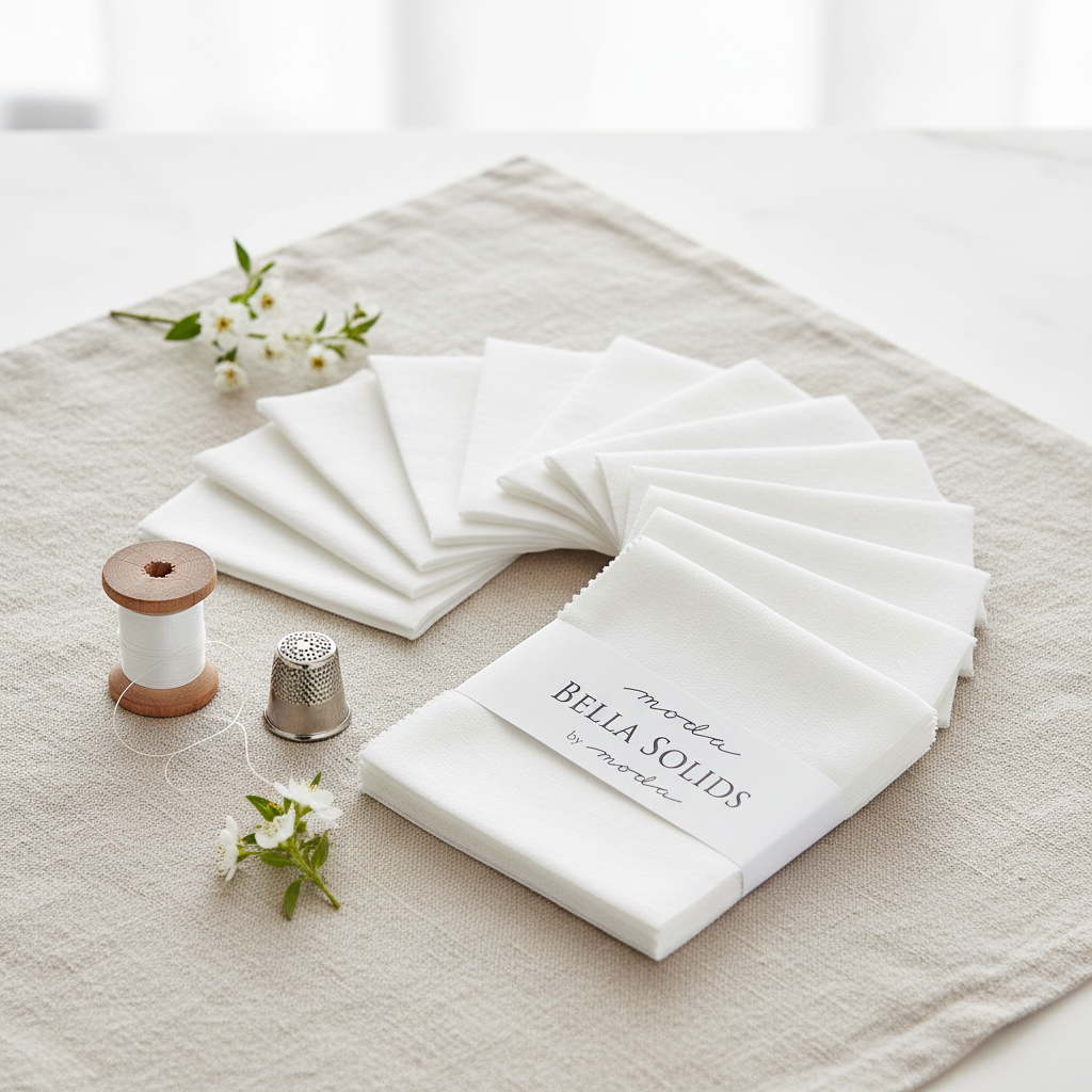 White Bella Solids Charm Pack lifestyle photo — elegant sewing room styling