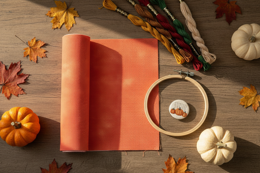 Pumpkin Spice Aida cloth styled in a cozy autumn setting with embroidery hoop, floss skeins, and fall accents