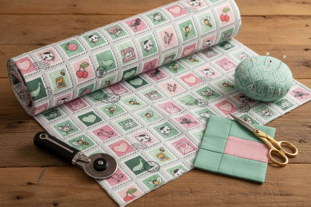 Mint For You gray postage stamp print fabric styled with quilting tools in a cozy setting