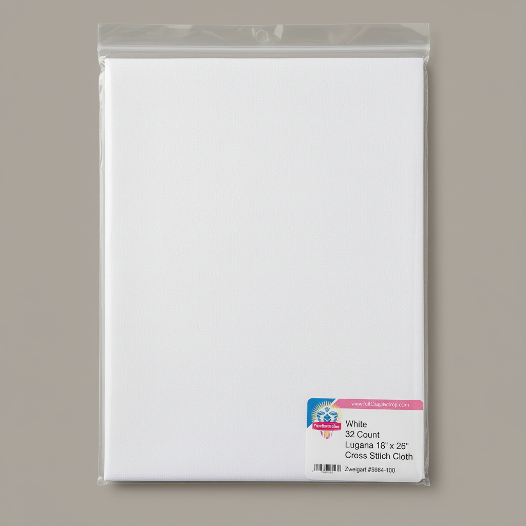 White 32 Count Lugana cross stitch cloth by Zweigart in packaging on warm gray background