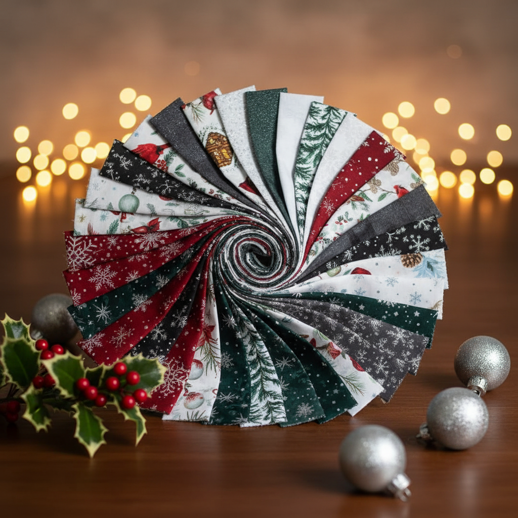 Silver Jingle Pops Jelly Roll lifestyle photo — elegant Christmas styling with cardinals and silver shimmer