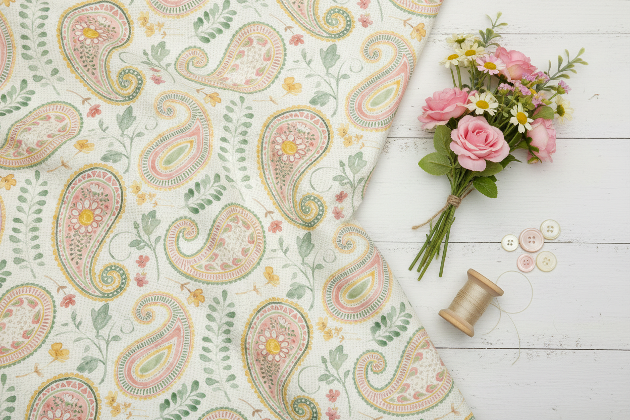 Daisy Days Multi on Cream Paisley Yardage lifestyle photo — soft cottage garden styling with wildflowers and natural light